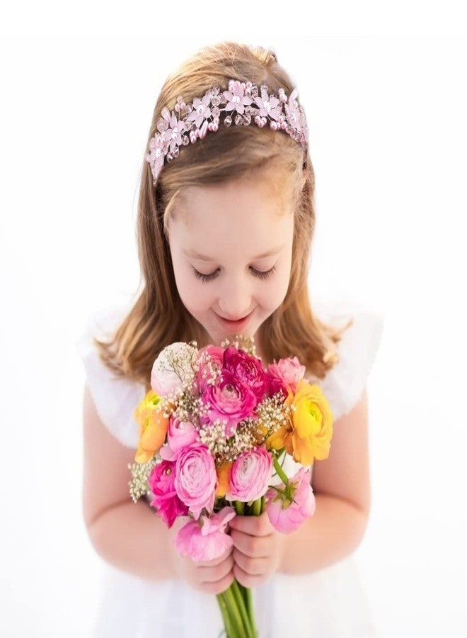 CURASA Flower Girl Crystal Pink Pearl Headband for Women's Wedding, Princess Crown for Birthday, First Communion - Image 1